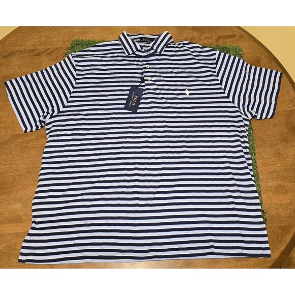 POLO RALPH LAUREN MEN'S POLO SHIRT COTTON NAVY WHITE Baby Blue STRIPES 2XB NWT